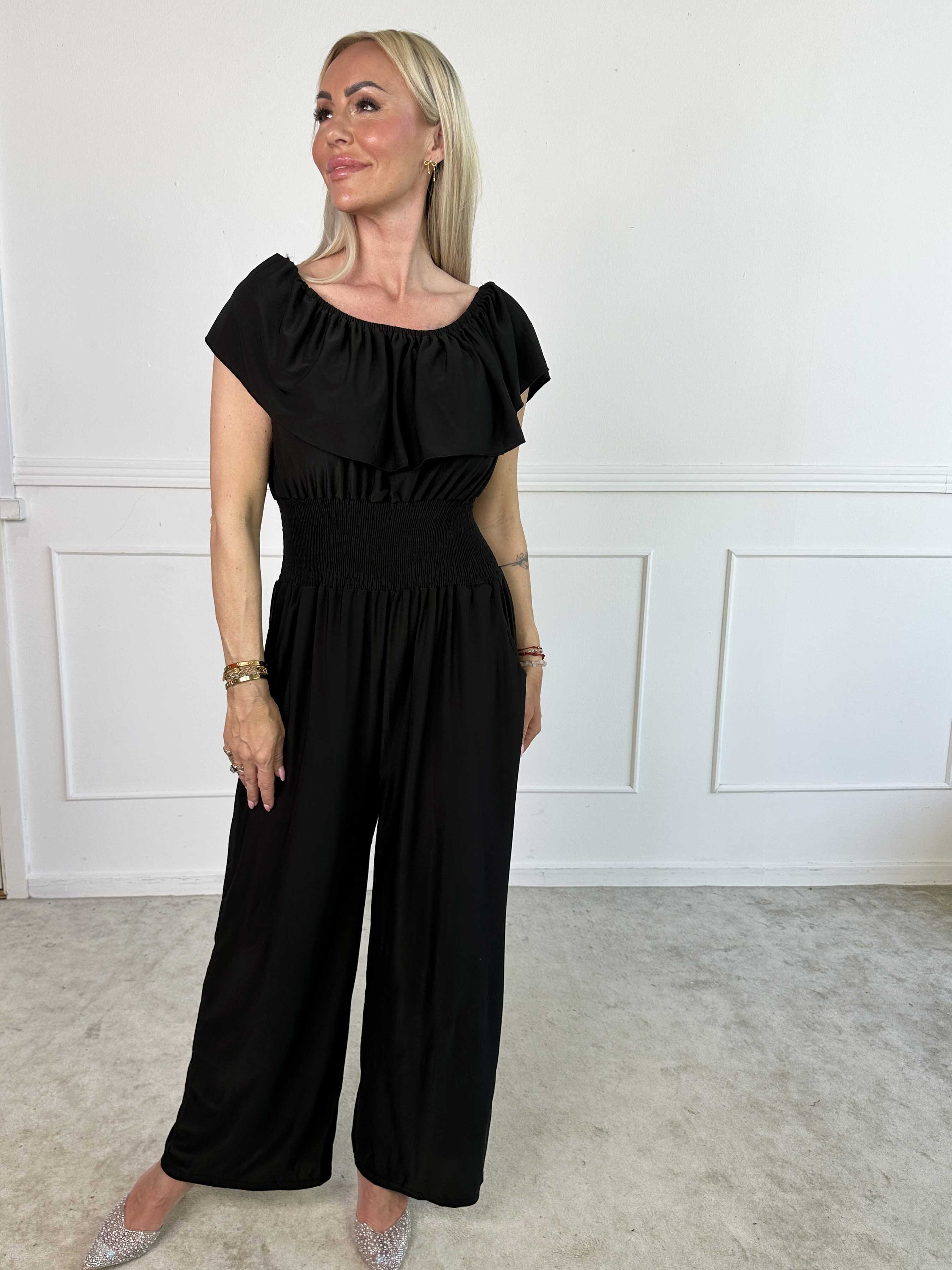 Pams Plain Frill Jumpsuit - Elastisk buksedragt med smock og flæse